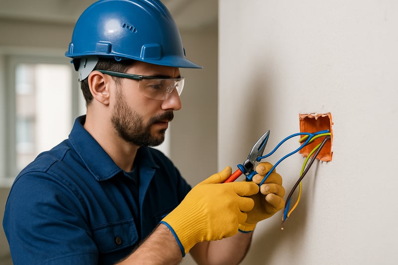 Eletricista profissional realizando instalação elétrica residencial